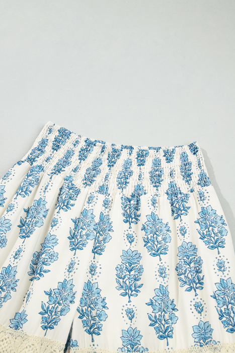 Floral Print Lace Patchwork Detail Wide Leg Pants