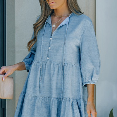 Drawstring Puff Sleeve Denim Mini Dress