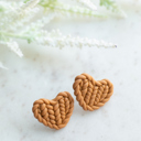 Tan Fall Knit Pattern Heart Stud Earrings
