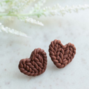 mocha Fall Knit Pattern Heart Stud Earrings