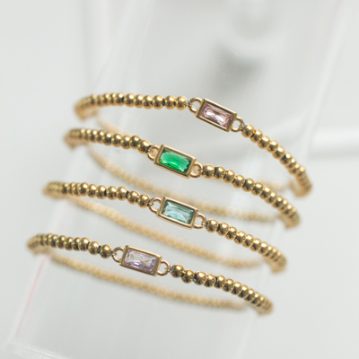 Gold Beaded Baguette Birthstone Bracelet | Birthstone Jewelry