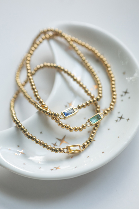 Gold Beaded Baguette Birthstone Bracelet | Birthstone Jewelry