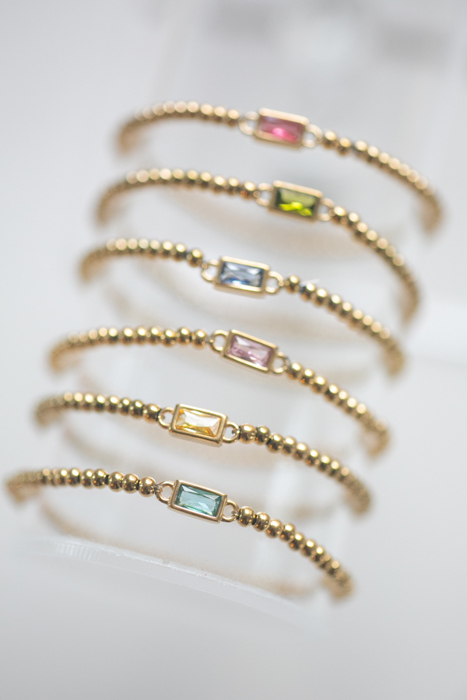 Gold Beaded Baguette Birthstone Bracelet | Birthstone Jewelry