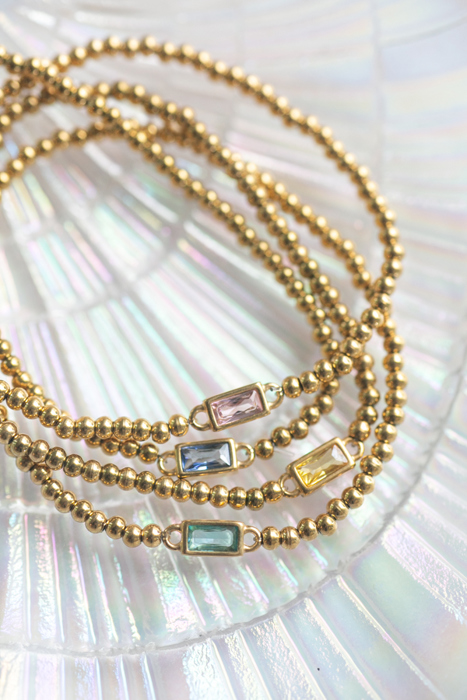 Gold Beaded Baguette Birthstone Bracelet | Birthstone Jewelry