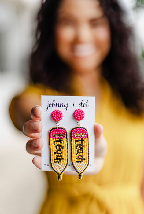 Teach Pencil Beaded Earrings by Johnny + Dot