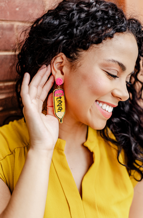 Teach Pencil Beaded Earrings by Johnny + Dot