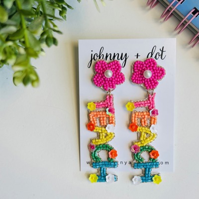 Beaded Pink Blossom Teach Earrings