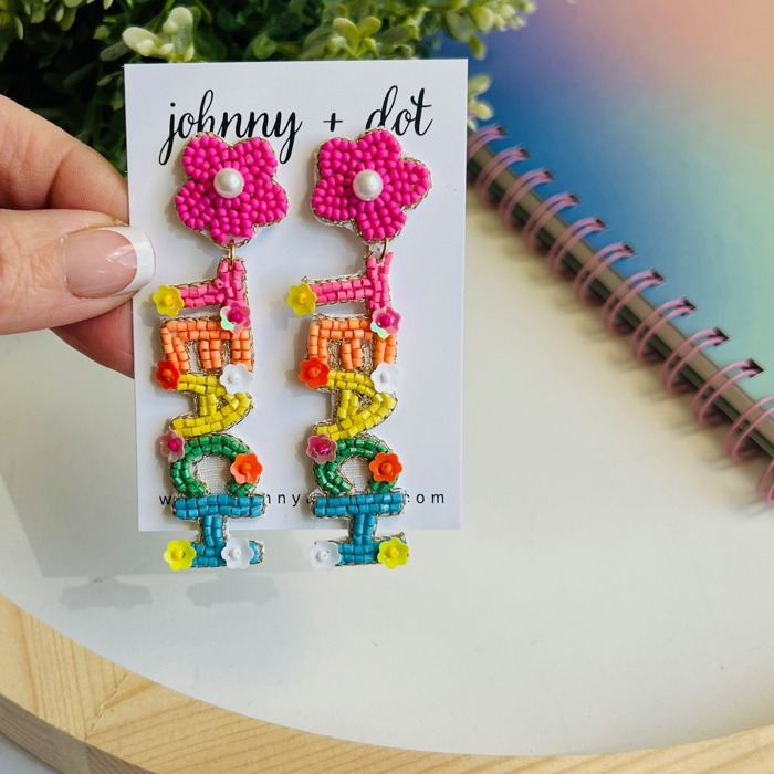 Beaded Pink Blossom Teach Earrings