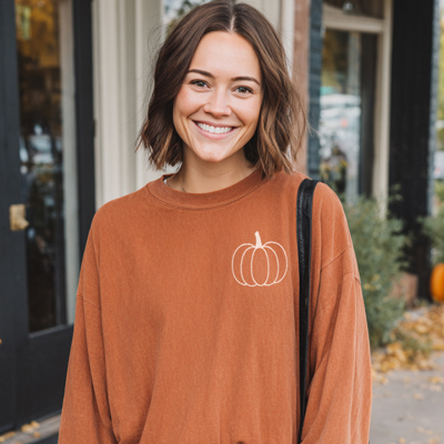 Simple Pumpkin Outline Long Sleeve Vintage Wash Fall & Autumn Graphic Tee | Fall Shirt