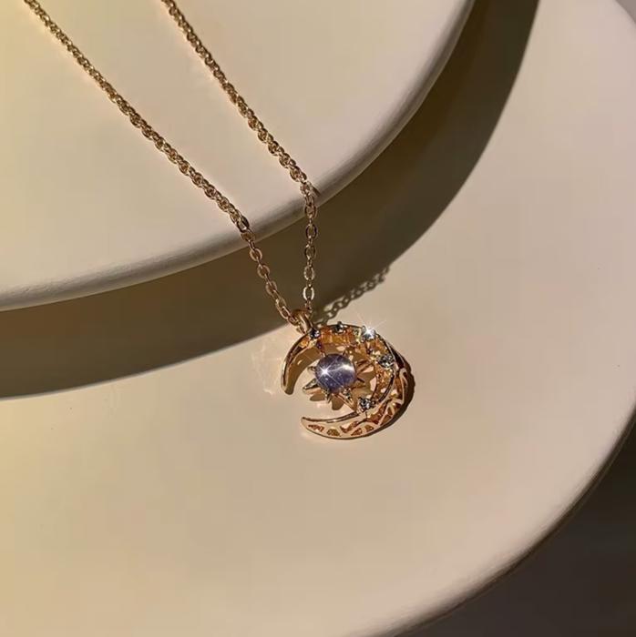 Sun Moon Crystal Pendant Necklace for Women — Celestial Clavicle Chain Rhinestone Jewelry Gift