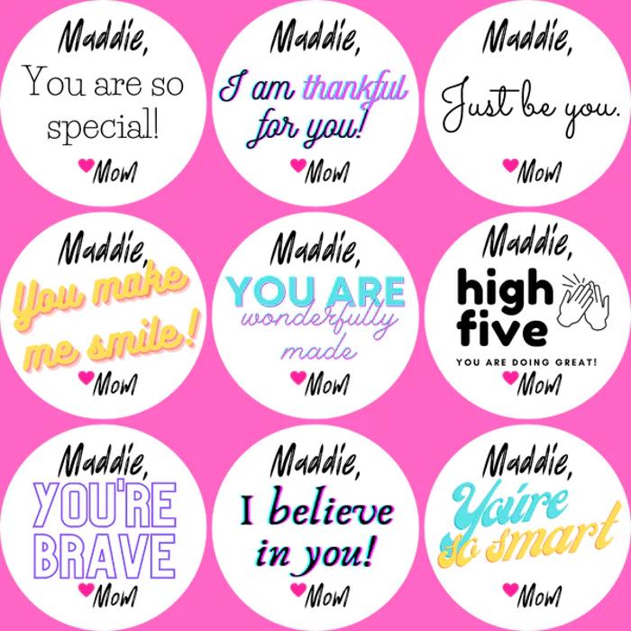 Personalized Back to School Lunch Box /  Lunch Sack Positive Note Stickers