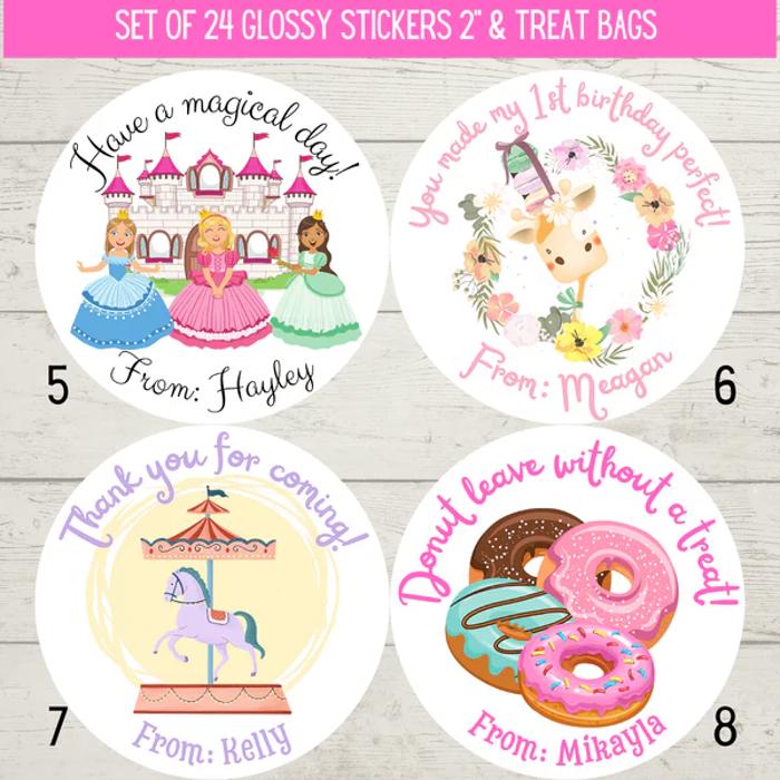 Personalized Girls Birthday Party Stickers & Treat Bags