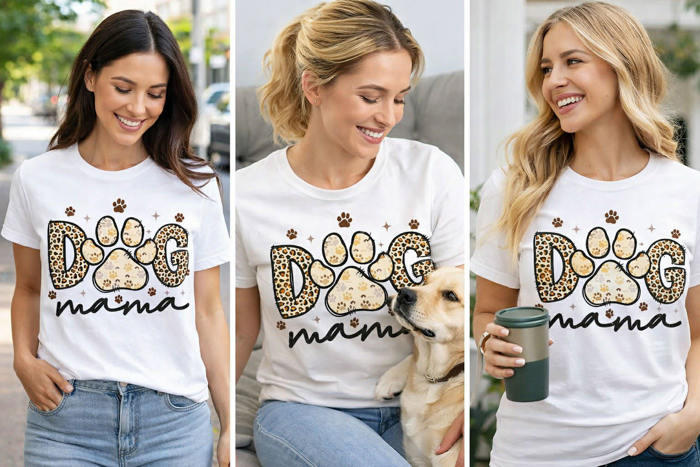 🐾 Dog Mama Shirt – Leopard Print Paw Graphic Tee – Cute Dog Lover Gift – Trendy Pet Mom Shirt
