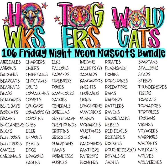 Youth Friday Night Neon Mascot Graphic Tee- 106 mascots to choose from