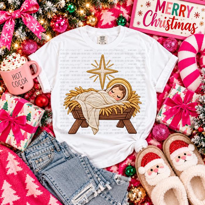 Adult Manger Faux Embroidery Tee