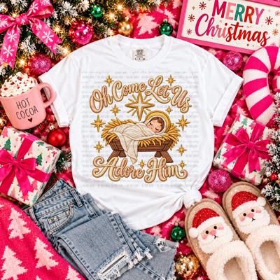 Adult Oh Come Let Us Adore Him Faux Embroidery Tee