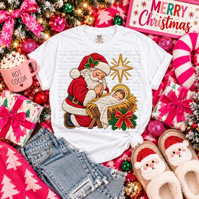 Adult Santa Praying Over Jesus Faux Embroidery Tee