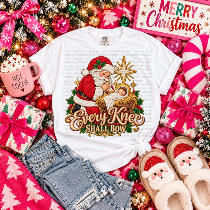 Adult Every Knee Shall Bow  Faux Embroidery Tee