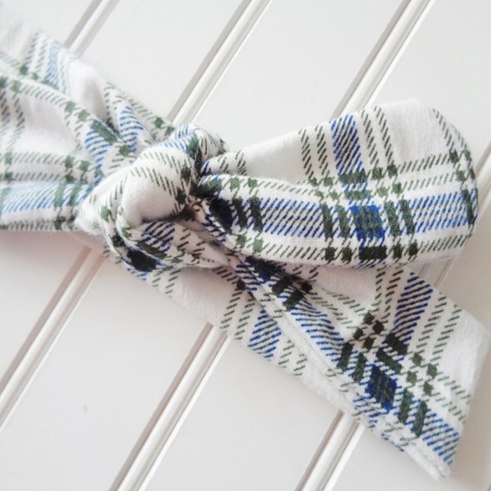 Flannel Knotted Headband - Blue and Green Plaid on White