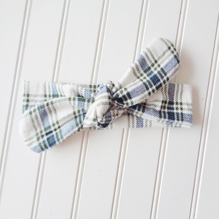 Flannel Knotted Headband - Blue and Green Plaid on White