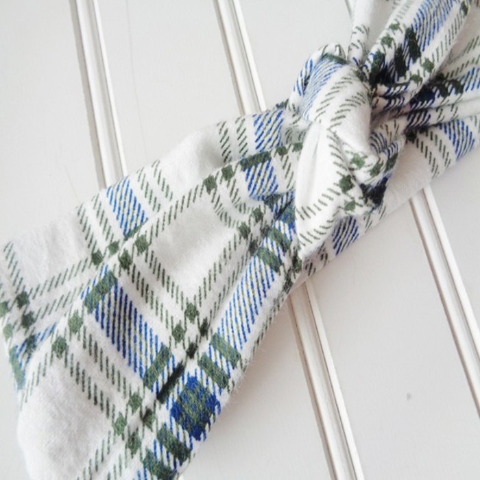 Flannel Knotted Headband - Blue and Green Plaid on White