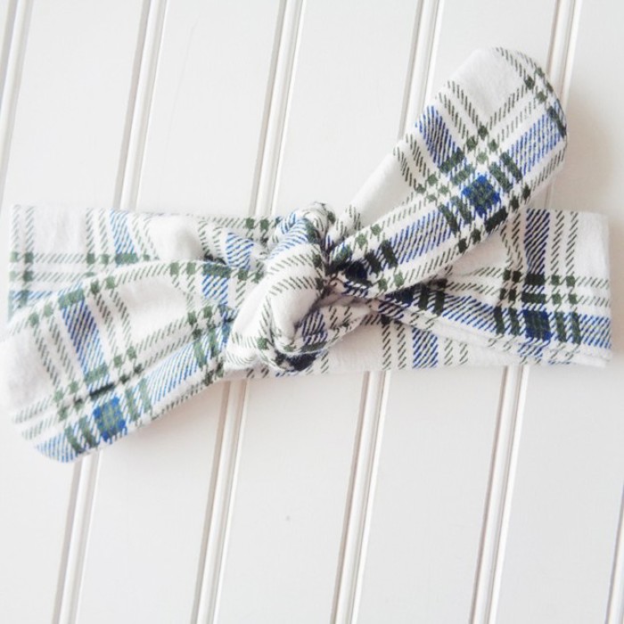 Flannel Knotted Headband - Blue and Green Plaid on White