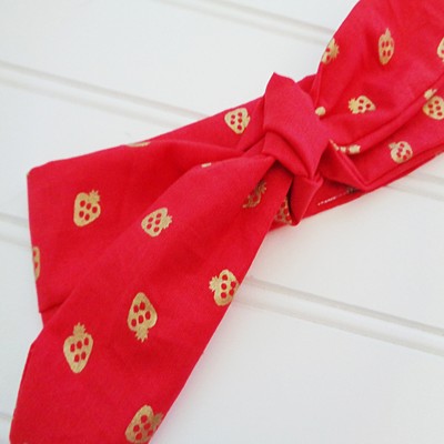 Knotted Headband - Gold Strawberries on Red