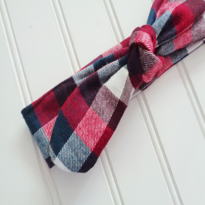 Flannel Knotted Headband - Red, Navy and White Buffalo