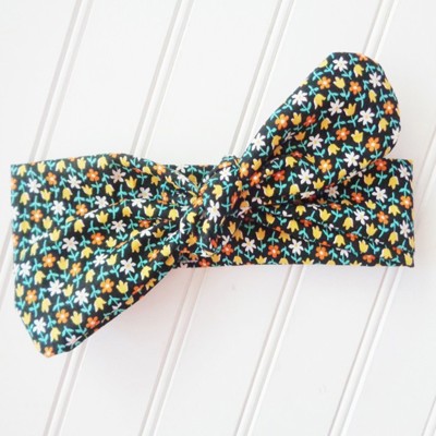 Knotted Headband - Orange and Yellow Flowers on Black