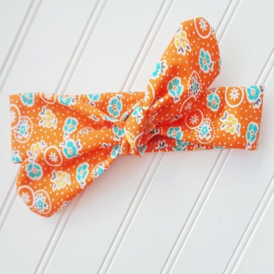 Knotted Headband - Yellow and Aqua Flowers on Orange