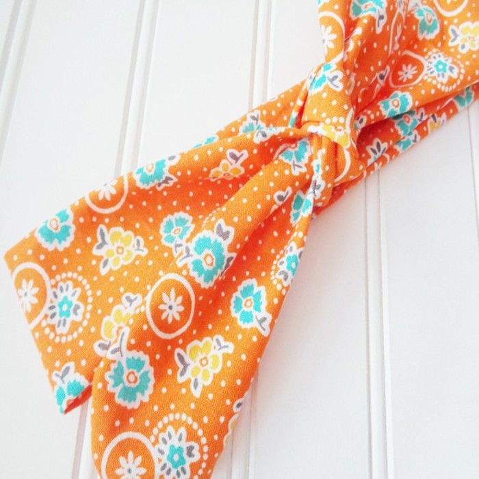 Knotted Headband - Yellow and Aqua Flowers on Orange