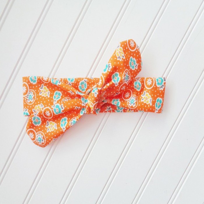 Knotted Headband - Yellow and Aqua Flowers on Orange