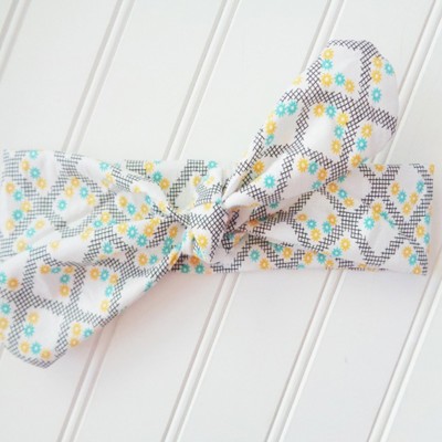 Knotted Headband - Yellow and Aqua Flowers on White