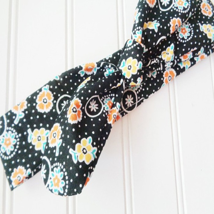 Knotted Headband - Yellow and Orange Flowers on Black