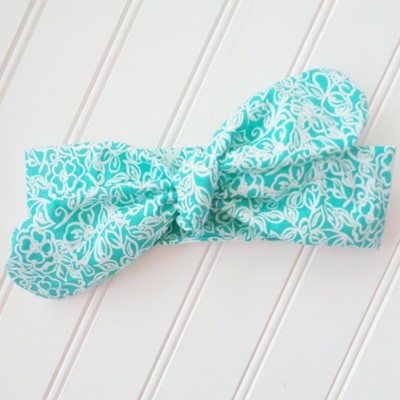 Knotted Headband - White Flowers on Teal