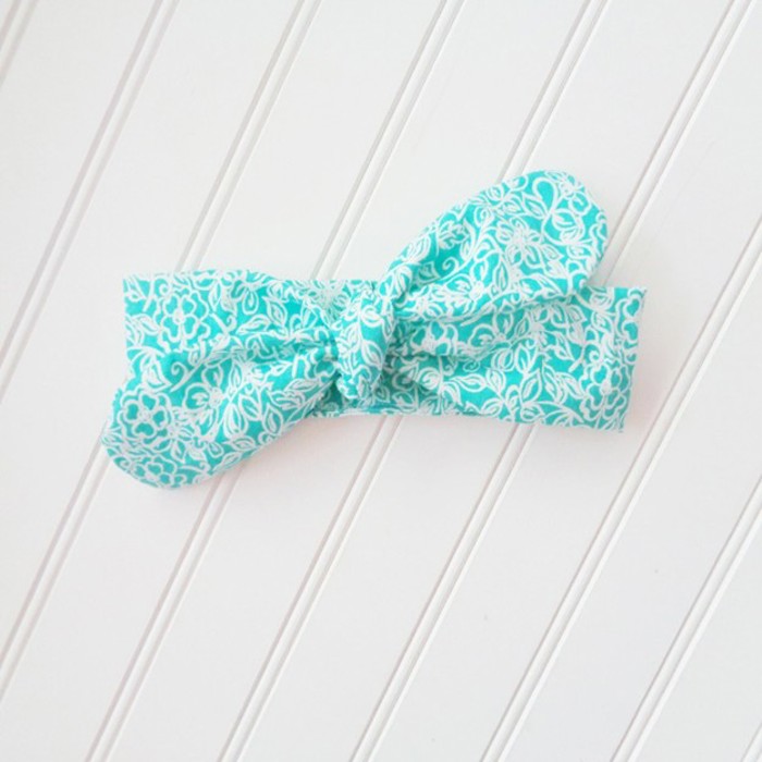 Knotted Headband - White Flowers on Teal