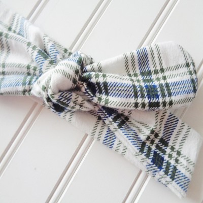 Flannel Knotted Headband - Blue and Green Plaid on White