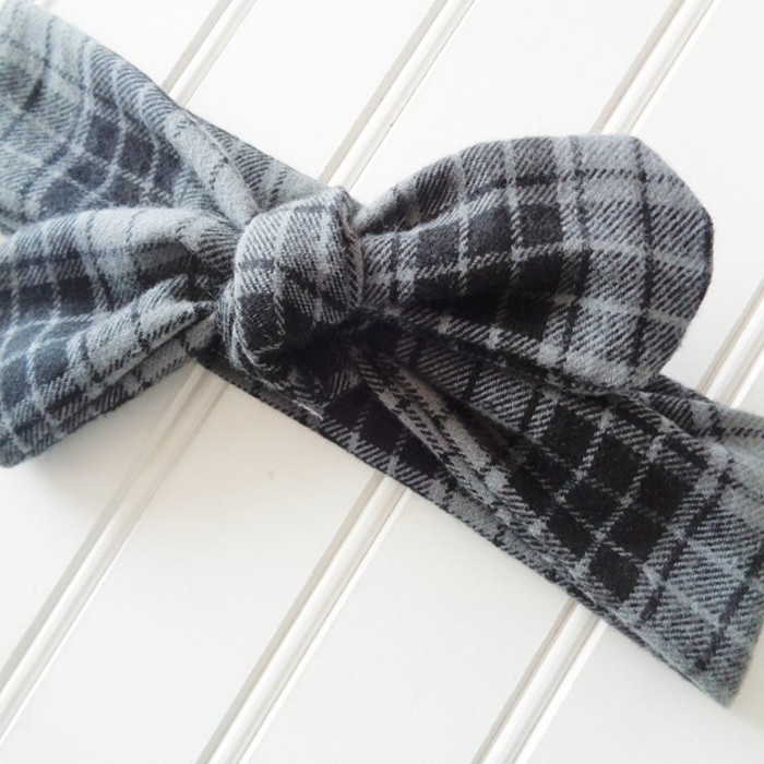 Flannel Knotted Headband - Black and Gray Plaid