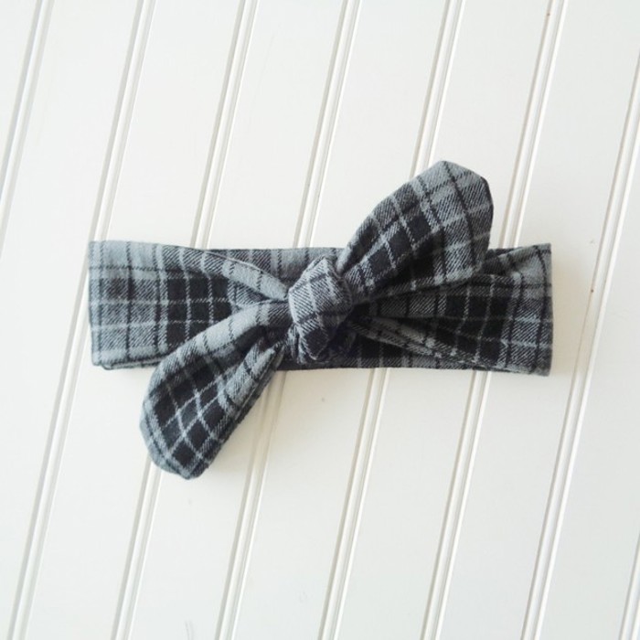 Flannel Knotted Headband - Black and Gray Plaid