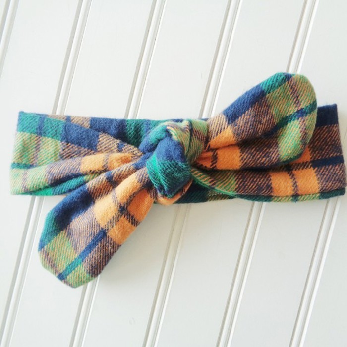 Flannel Knotted Headband - Navy, Orange and Green Plaid