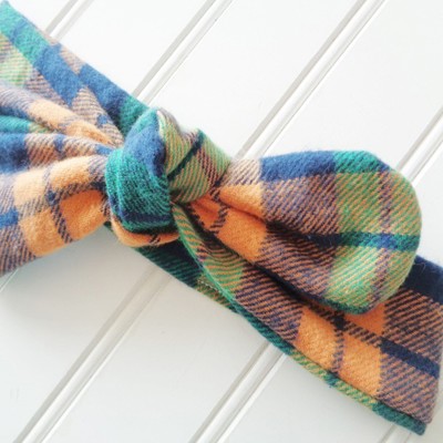 Flannel Knotted Headband - Navy, Orange and Green Plaid