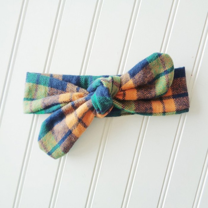 Flannel Knotted Headband - Navy, Orange and Green Plaid