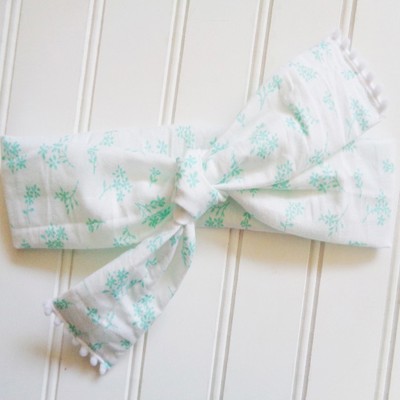 Pompom Knotted Headband - Teal Flowers