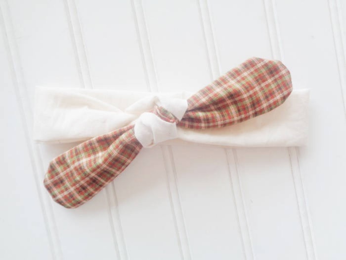 Knotted Headband - Brown and Green Plaid with Muslin
