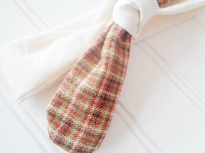 Knotted Headband - Brown and Green Plaid with Muslin