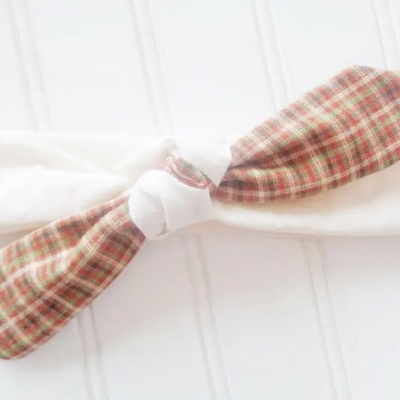Knotted Headband - Brown and Green Plaid with Muslin
