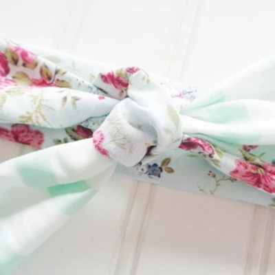 Knotted Headband - Floral on Blue with Mint Stripes