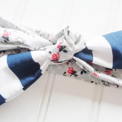 Knotted Headband - Floral on Gray with Navy Stripes