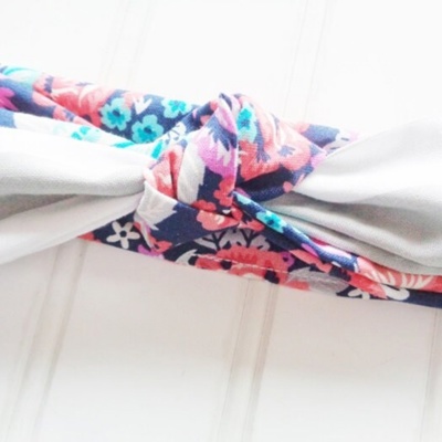 Knotted Headband - Floral on Navy with Gray Stripes