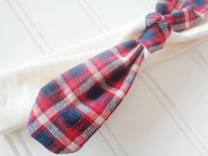 Knotted Headband - Navy and Red Plaid with Muslin